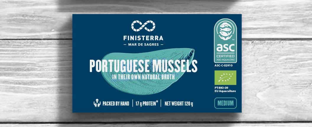Embalagem de mexilhões biológicos Finisterra, calibre médio, 14 a 20 por lata
